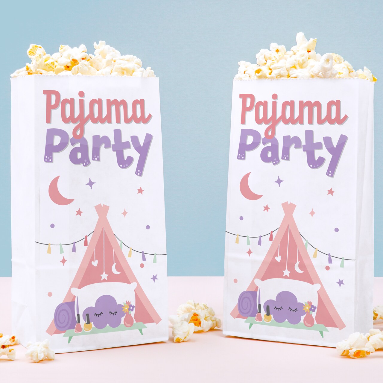Big Dot of Happiness Pajama Slumber Party Popcorn Bags, Girls Birthday Party Favor Snack Treats, Free-Standing Individual White Paper Bags - 25 Count